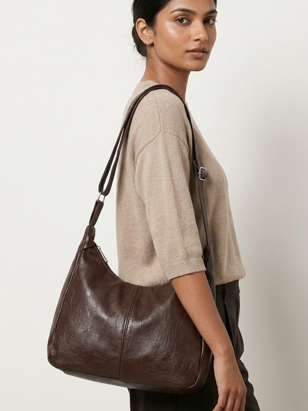 Classic Brown Leather Shoulder Bag - Women